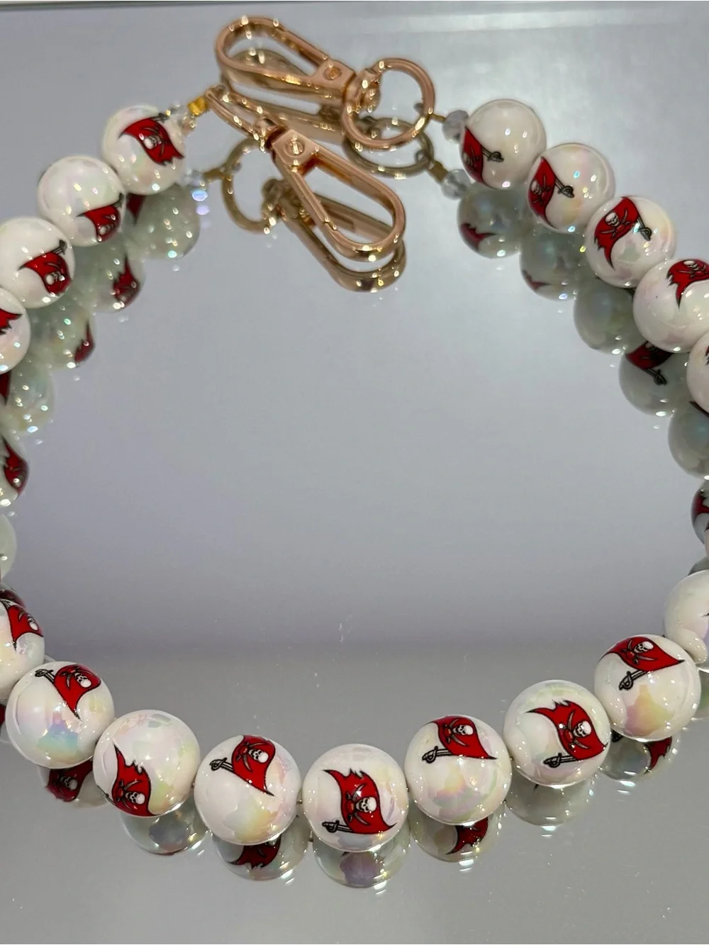 New White Beaded Tampa Bay Bucs Bag Chain 18 inches  and Gold Hardware
